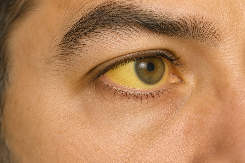 Close-up of an eye with a yellow-tinted white (sclera) — jaundice, known as scleral icterus.