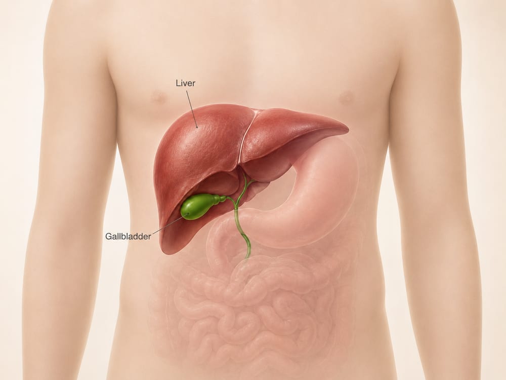 Anatomical illustration of the liver and gallbladder in the upper abdomen.